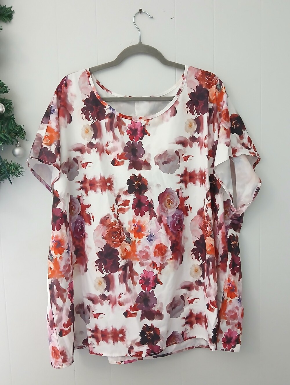 SHEIN White Blouse with Pink, Orange & Burgundy Floral Print